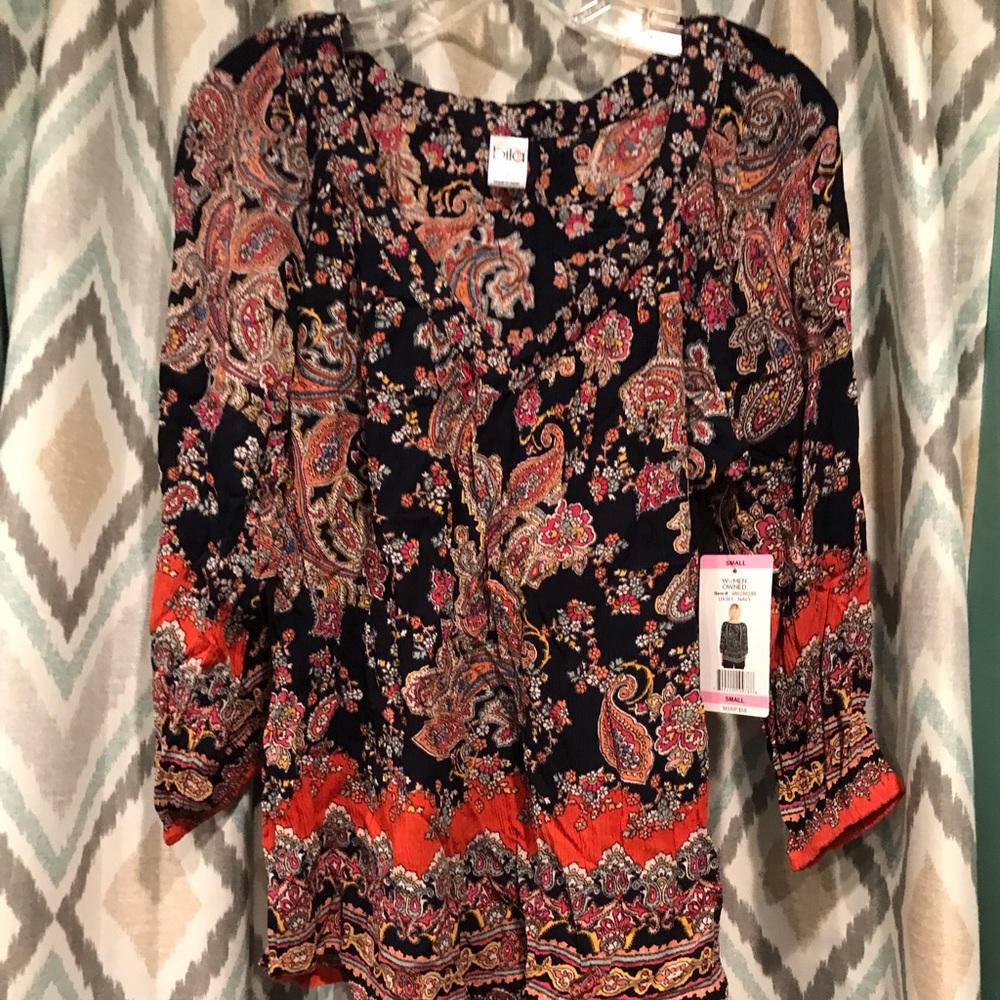 Brand New bilo Womans Top V Neck long Sleeve Navy Blue Orange Gray White Sz Sm